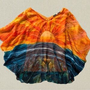 Sunset Horizon Women's poncho with tank top underneath- Sunset Print Kimono